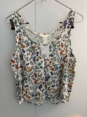 H&M White Floral Scoop Tank with Blue, Teal, Rust, Gold Accents